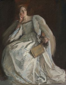 Lady in White Seated. Right Hand to Chin. Holding Fan.