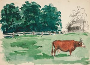 Pasture scene with cow in foreground