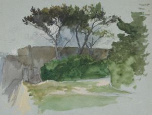 Study of landscape with trees and stone wall