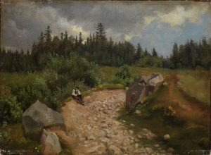 Steiniger Weg am Waldrand mit sitzendem Mann