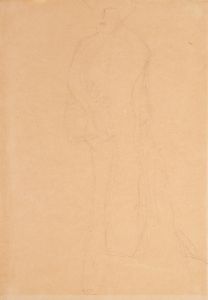 Standing figure to the left, the boa overlaps the left forearm