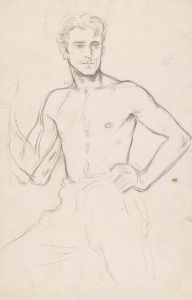 Wijdbeens staande man met ontbloot bovenlichaam 2