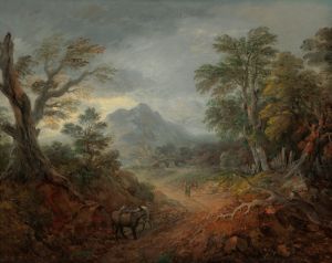 A wooded landscape with donkeys and figures on a path