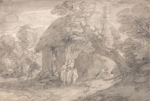 Wooded Landscape with Figures outside a Cottage Door