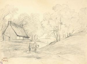 Chaumière dans un paysage arboré avec un homme dans une charrette