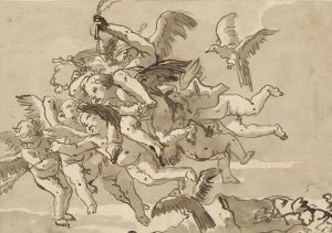 Cupid Blindfolded, Carried Through the Sky by Seven Winged Putti