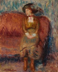 Woman Seated on Red Sofa