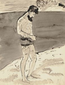 Bärtiger Mann in Badehose an der Côte d’Azur