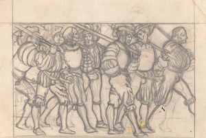 Graphic designs for Scribner’s Magazine cover, Medieval Festival theme. Drawing of men with medieval clothing and items, walking to the right