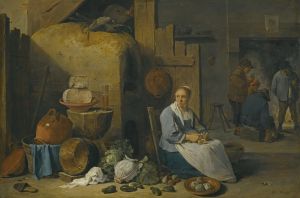 A Barn Interior With A Maid Preparing Vegetables