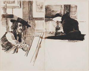 Whistler drawing Poynter; back view of a man seated at a table near a lighted lamp