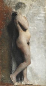 Nøgen Kvindelig Model. Staaende. Profil mod højre