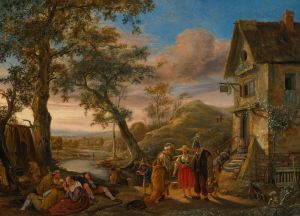 A fortune teller and peasants before an inn with a river landscape beyond